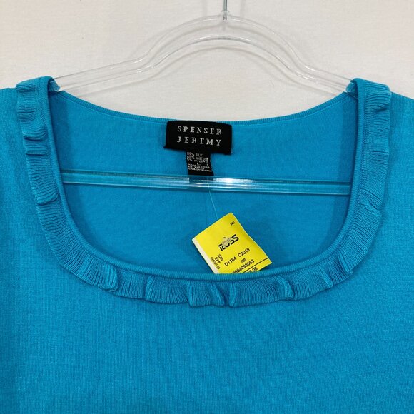 New Spenser Jeremy Large Blue Square Neck Ruffle Silk Blend Knit Stretch Top - Picture 3 of 8
